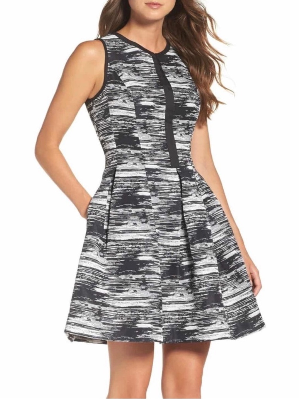 Vince Camuto Black White Jacquard Printed Fit & Flare Dress